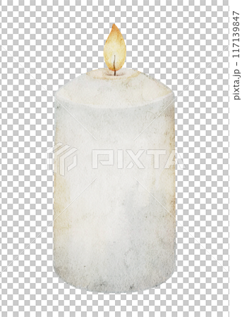 Watercolor Illustration of lighting Candle with Flame made of wax. Drawing of burning element for Halloween Greeting Cards or holiday Invitations on isolated background. Cozy vintage home decor. 117139847