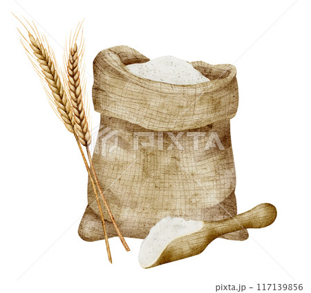 Sack of Flour with Scoop and Spikelets watercolor illustration. Drawing of burlap bag whole of cereal grain on isolated background. Ingredient for pastry and bakery. Sketch for product label. 117139856