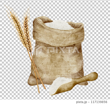 Sack of Flour with Scoop and Spikelets watercolor illustration. Drawing of burlap bag whole of cereal grain on isolated background. Ingredient for pastry and bakery. Sketch for product label. 117139856
