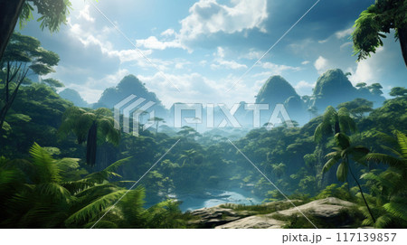 Tropical jungle with river and mountains under blue sky natural landscape background 117139857