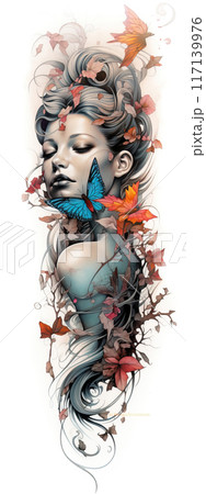 Woman surrounded by flowers and vines in intricate tattoo design 117139976