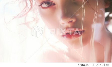 Surreal close up portrait of young woman with water reflections on her face 117140136