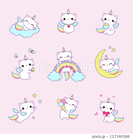 Cat Unicorn Character with Rainbow Tail and Horn Vector Set 117140366