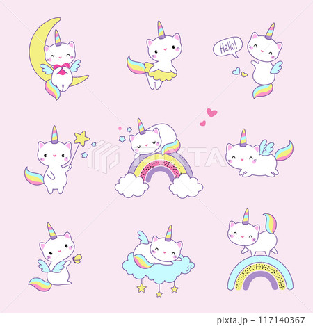 Cat Unicorn Character with Rainbow Tail and Horn Vector Set 117140367