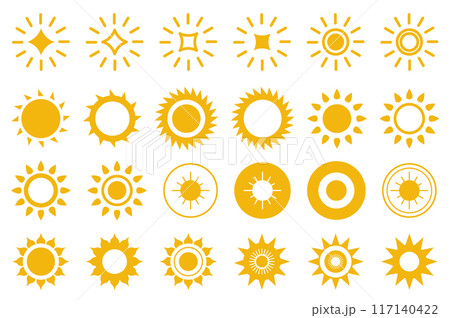 Sun and star mega set elements in flat graphic design. Bundle icons of yellow silhouette symbols of weather stickers, hot, light, sunlights and sunny bright in different shapes. Vector illustration. 117140422