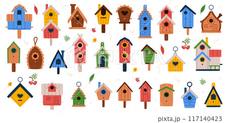 Bird House and Wooden Nesting Box Vector Set Bird House and Wooden Nesting Box Vector Set 117140423