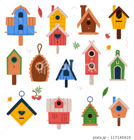 Bird House and Wooden Nesting Box Vector Set 117140428