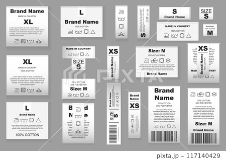Clothes laundry labels mega set realistic elements in flat graphic design. Bundle objects of fabric clothing white tags with brand name, sizes, care washing instruction, info. Vector illustration. 117140429