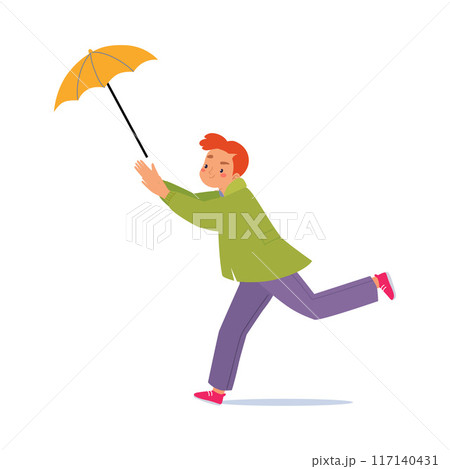 Bad Weather with Man Character with Umbrella Walk in Windstorm and Rain Vector Illustration 117140431
