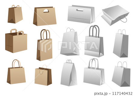 Shopping bag mega set realistic elements in flat graphic design. Bundle objects of blank brown and white paper packages, disposable and recycling packet mockups with handles. Vector illustration. 117140432