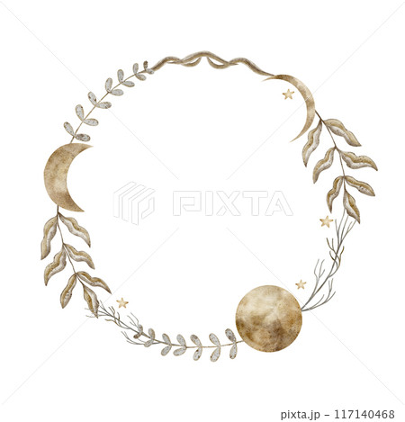 Watercolor wreath of seaweed and moon phases with stars. Monochrome illustration for design of greetings templates, postcards, posters, dishes, clothes Watercolor wreath of seaweed and moon phases with stars. Monochrome illustration for design of greetings templates, postcards, posters, dishes, clothes 117140468