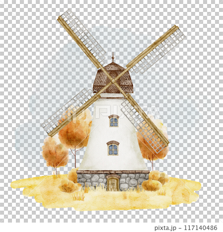 autumn landscape with Windmill and fall trees watercolor illustration. Drawing of old rustic tower with blades for flour production. Old vintage building. Painting of wind mill for harvest festival. 117140486