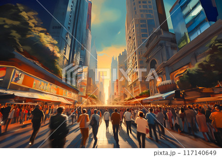 歩行者で混雑した夕暮れの都市の通りのイラスト 歩行者で混雑した夕暮れの都市の通りのイラスト 117140649