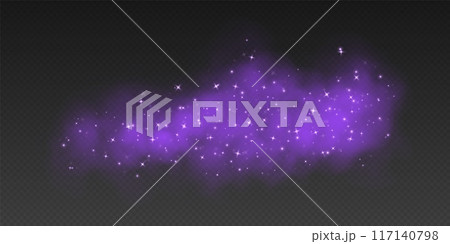 Purple magic smoke with stars and sparkles, fog with glowing particles, colorful vapor with star dust. 117140798