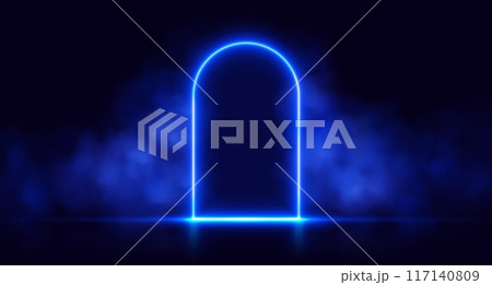 Neon door with smoke, blue glowing portal, futuristic arch gate, magic border with vapor. 117140809
