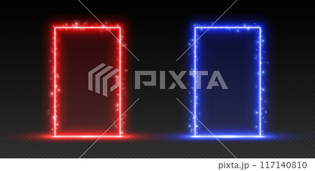 Neon doors with sparkles, red and blue glowing portals, futuristic gate, magic LED frames. 117140810