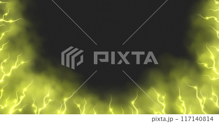 Yellow smoke with lightnings abstract background, thunderbolts and vapor, lightning in yellow fog. 117140814