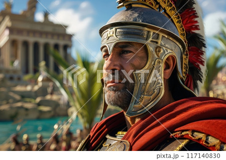 A Carthaginian general stands resolute, donning ornate armor, gazing thoughtfully over an ancient city buzzing with life and history. 117140830