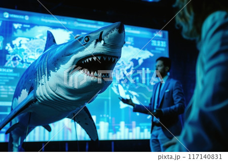 An executive consultant with a shark head delivers an engaging presentation, surrounded by data displays, in a dynamic futuristic setting. 117140831