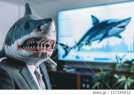 A unique consultant with a shark head discusses strategy in a stylish office, showcasing data visuals on a large screen. 117140832