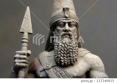 An imposing Assyrian warrior stands confidently, gripping a spear, adorned in intricate armor, embodying the spirit of ancient warfare and power. 117140915