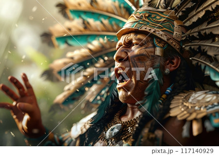 A powerful Aztec Jaguar Warrior passionately performs a ritual, adorned with elaborate feathers and jewelry, exuding strength and connection to ancestral traditions. 117140929
