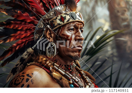 A fierce Aztec Jaguar Warrior adorned with vibrant feathers and intricate jewelry embodies strength and cultural pride amidst a dense jungle backdrop. 117140931