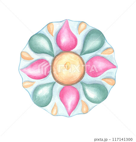 Diya in pastel colors. Colorful petals of candle. Diwali burning lamp in flower shape. Top view of religious symbol. Indian holiday. Watercolor illustration for card, greeting, festive decor 117141300