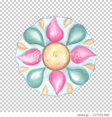 Diya in pastel colors. Colorful petals of candle. Diwali burning lamp in flower shape. Top view of religious symbol. Indian holiday. Watercolor illustration for card, greeting, festive decor 117141300