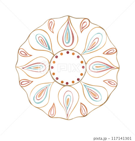 Gorgeous rangoli. Floral geometric motif in gold and pastel colors. Diwali Diya. Watercolor illustration of traditional Indian ornament. Diwali celebration. For festive decor, invitation, poster 117141301