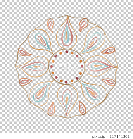 Gorgeous rangoli. Floral geometric motif in gold and pastel colors. Diwali Diya. Watercolor illustration of traditional Indian ornament. Diwali celebration. For festive decor, invitation, poster 117141301