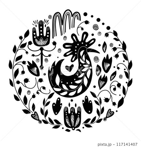 Folk ornamental bird and heart. Best for greeting card. Template vector illustration. 117141407