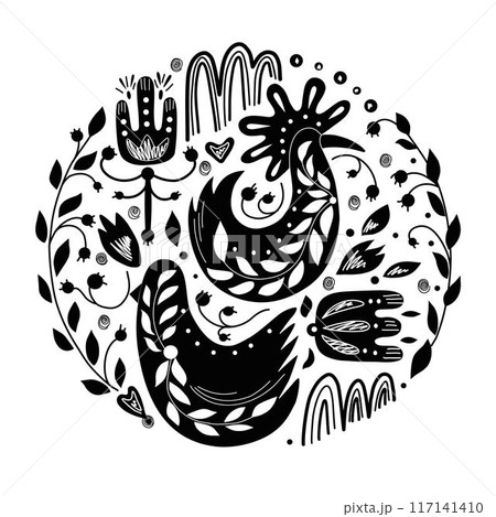 Folk ornamental bird and heart. Best for greeting card. Template vector illustration. 117141410