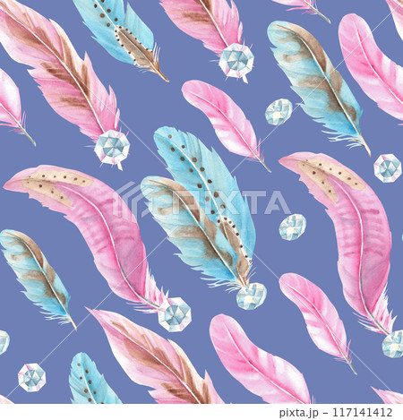 Watercolor Seamless Pattern with pink and blue Feathers and Jewelry Crystals or Beads on a blue background. Hand drawn watercolor illustration. Can be used for fabric, textile and packaging prints. 117141412