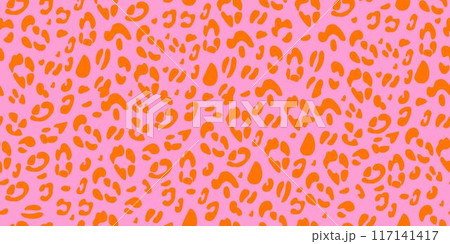 Leopard pink seamless pattern. Animalistic print for fabric, paper. Vector hand-drawn background 117141417