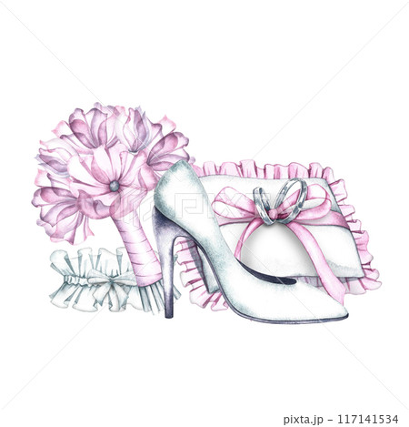 Wedding composition, women's high-heeled shoes, bouquet and garter of the bride, wedding rings on a cushion. A watercolor illustration made by hand in delicate white and pink tones. For postcards. 117141534