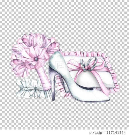 Wedding composition, women's high-heeled shoes, bouquet and garter of the bride, wedding rings on a cushion. A watercolor illustration made by hand in delicate white and pink tones. For postcards. Wedding composition, women's high-heeled shoes, bouquet and garter of the bride, wedding rings on a cushion. A watercolor illustration made by hand in delicate white and pink tones. For postcards. 117141534