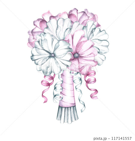 An elegant bouquet of pink and white flowers with ribbons is the bride's wedding bouquet. Handmade watercolor illustration. For greeting and invitation cards, banners, flyers and posters, packaging. An elegant bouquet of pink and white flowers with ribbons is the bride's wedding bouquet. Handmade watercolor illustration. For greeting and invitation cards, banners, flyers and posters, packaging. 117141557