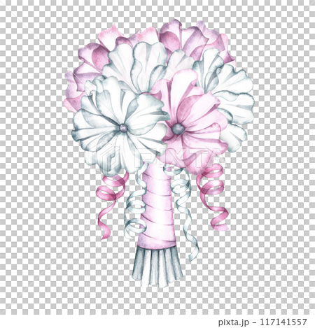 An elegant bouquet of pink and white flowers with ribbons is the bride's wedding bouquet. Handmade watercolor illustration. For greeting and invitation cards, banners, flyers and posters, packaging. An elegant bouquet of pink and white flowers with ribbons is the bride's wedding bouquet. Handmade watercolor illustration. For greeting and invitation cards, banners, flyers and posters, packaging. 117141557