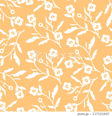 Seamless pattern with delicate white flowers on a yellow background. Handmade fabric, gift packaging. Seamless pattern with delicate white flowers on a yellow background. Handmade fabric, gift packaging. 117141697