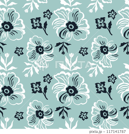 Seamless pattern with delicate flowers on a turquoise background. Handmade fabric, gift packaging. Seamless pattern with delicate flowers on a turquoise background. Handmade fabric, gift packaging. 117141787