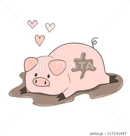 Cute cartoon pig in the puddle of mud Cute cartoon pig in the puddle of mud 117141847