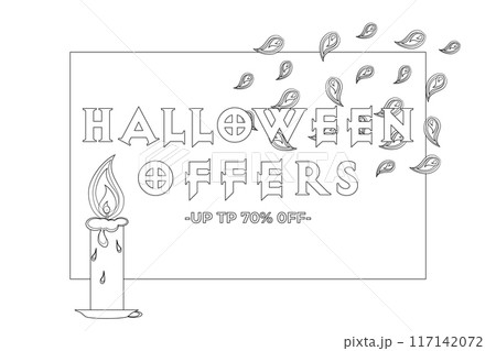A spooky Halloween sale coloring page featuring a candle and ghostly elements. Perfect for kids and adults to color during the Halloween season. 117142072