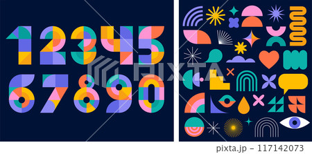 Anniversary concept design. Modern geometric style. Fireworks and celebration colorful background 117142073
