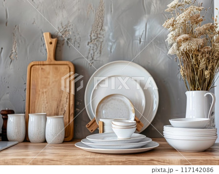 Stylish kitchen scene with ceramic dishes and rustic elements, cozy decor 117142086