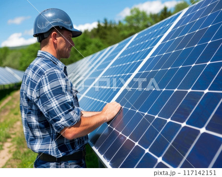 Engineer installing solar panel at power plant on sunny day 117142151