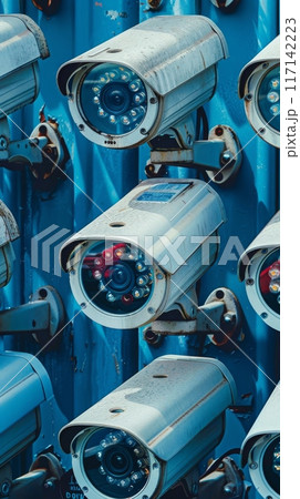 Security cameras mounted on blue wall providing surveillance 117142223
