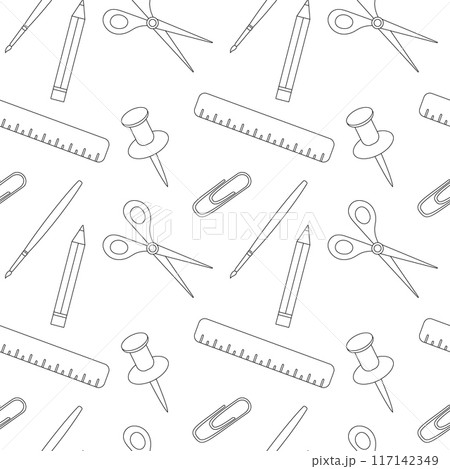 Seamless back to school pattern, school supplies, office items. Background in black and white, doodle style. 117142349