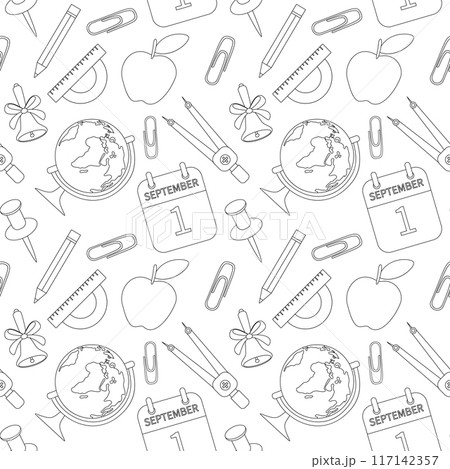 Seamless back to school pattern, school supplies, office items. Background in black and white, doodle style. Seamless back to school pattern, school supplies, office items. Background in black and white, doodle style. 117142357