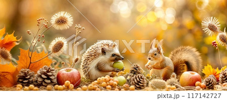 Hedgehog and squirrel. Autumn wildlife banner with UK forest animal. Nature background with garden, woodland, park cute wild hedgehog, squirrel. Fall landscape with leaves, berry, cone, apple, grass 117142727